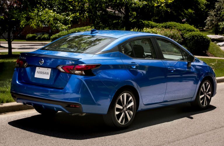 A rear right quarter photo of the 2021 Nissan Versa.