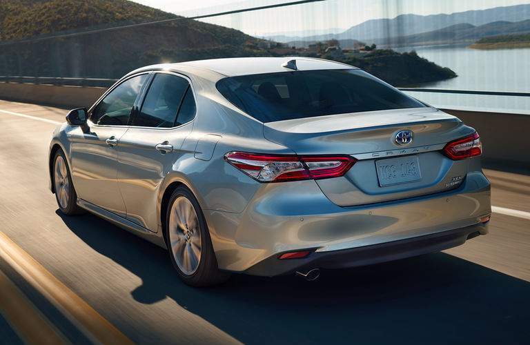 Silver 2018 Toyota Camry Hybrid XLE Rear Exterior on Bridge