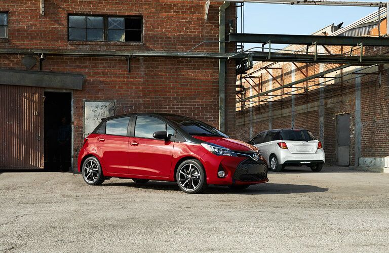 Exterior View of the 2017 Toyota Yaris Hatchback in Two-Tone Red and Black