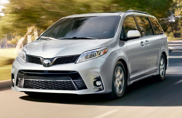 front and side view of silver 2019 toyota sienna