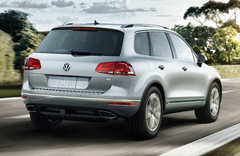 Silver 2017 Volkswagen Touareg driving along road