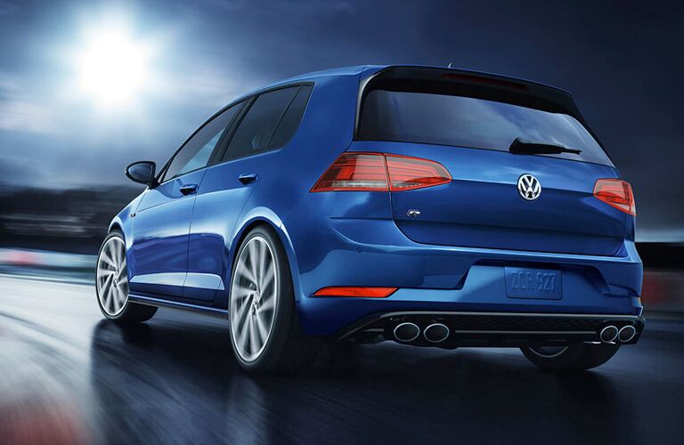 Rear view of blue 2019 Volkswagen Golf R