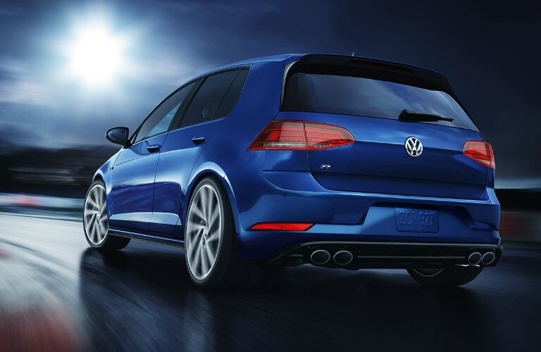 Rear view of blue 2019 Volkswagen Golf R