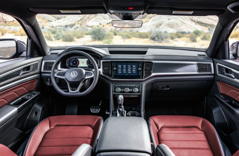 Grey dashboard and grey and red front seats in 2020 Volkswagen Atlas Cross Sport