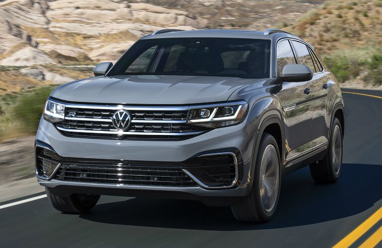 Driver's side front angle view of grey 2020 Volkswagen Atlas Cross Sport