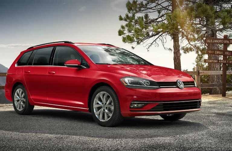 Red 2019 Volkswagen Golf SportWagen at a wilderness site