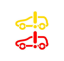 Red and yellow cars stacked with exclamation points
