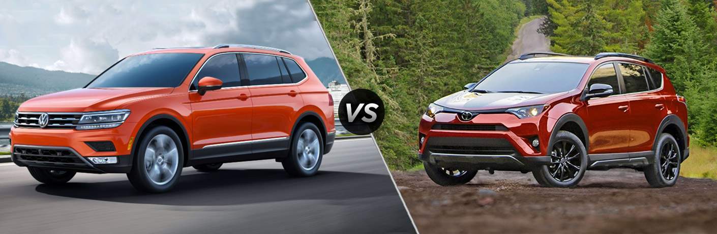 A side-by-side photo of the 2018 Volkswagen Tiguan vs. 2018 Toyota RAV4