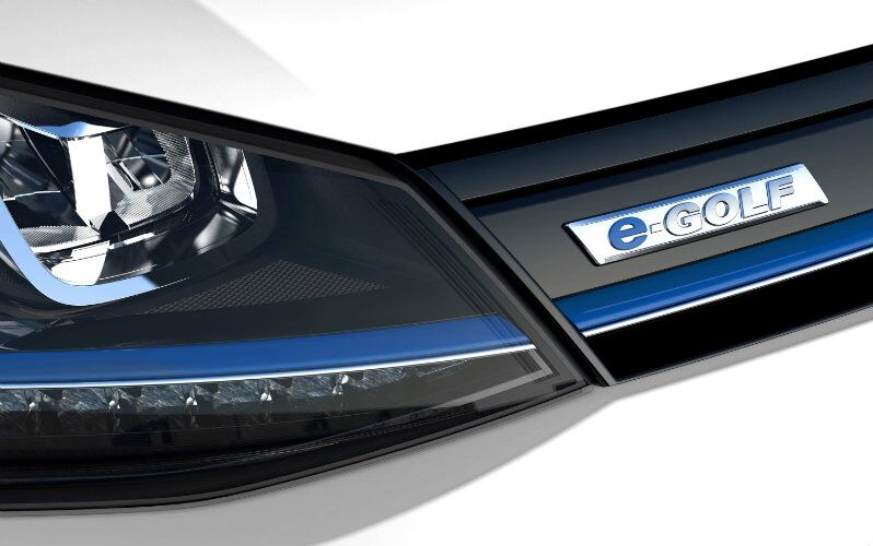 The e-Golf front end features C-shaped LED lights and blue accents