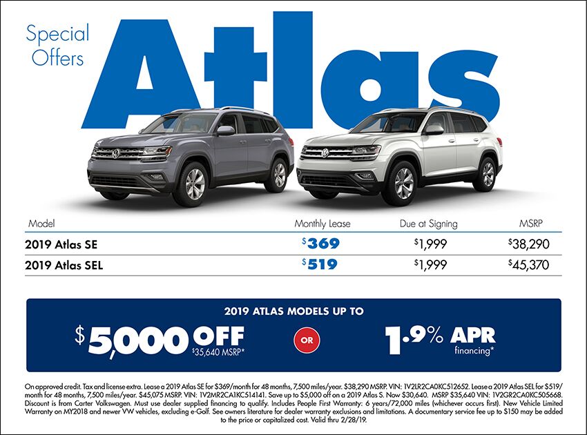 2019 Atlas Low APR or Lease Special at Carter Volkswagen In Ballard located in Seattle, WA 2019 Atlas Low APR or Lease Special at Carter Volkswagen In Ballard located in Seattle, WA