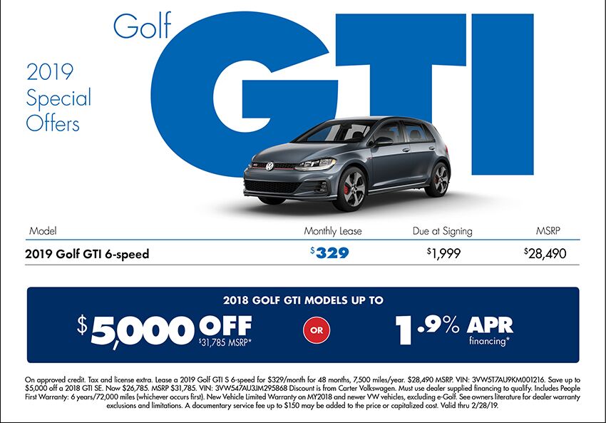 2018 Golf GTI Lease or Sales Special at Carter Volkswagen In Ballard located in Seattle, WA 2018 Golf GTI Lease or Sales Special at Carter Volkswagen In Ballard located in Seattle, WA