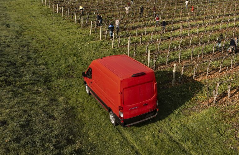 Red 2023 Ford E-Transit Rear Exterior in a Vineyard