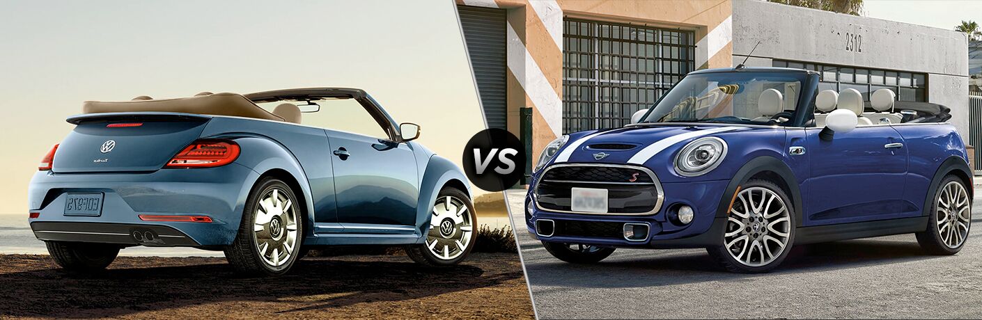 2018 VW Beetle Convertible exterior back fascia and passenger side with top down vs 2018 MINI Cooper Convertible exterior front fascia and drivers side top down