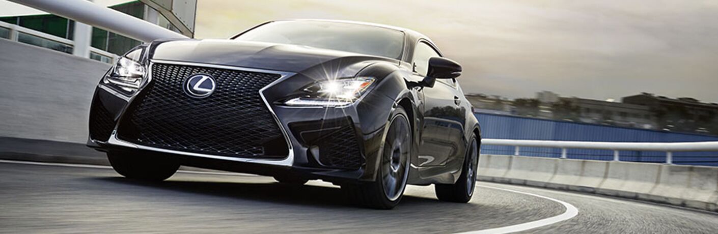 Black 2019 Lexus RC F on a Freeway