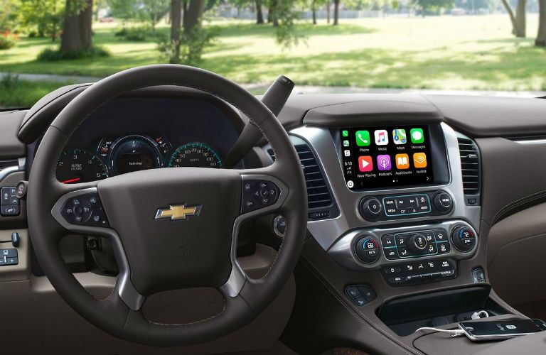 Steering wheel and center touchscreen inside 2019 Chevrolet Tahoe