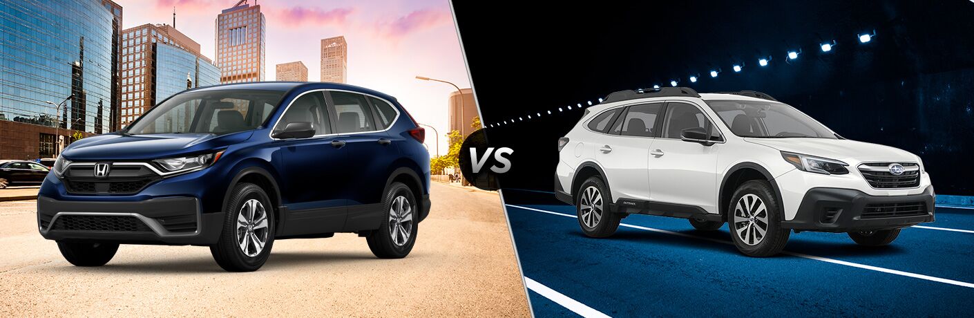 2020 Honda CR-V exterior front fascia driver side in city road on sunny day vs 2020 Subaru Outback exterior front fascia passenger side on highway at night