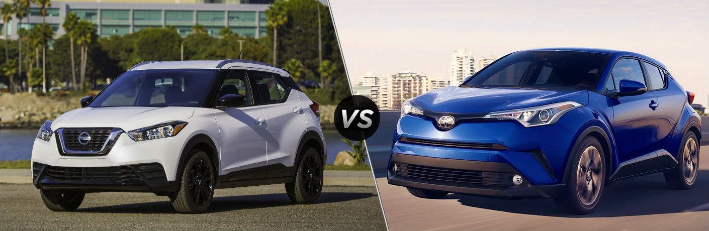 White 2018 Nissan Kicks on left vs Blue 2018 Toyota C-HR on right