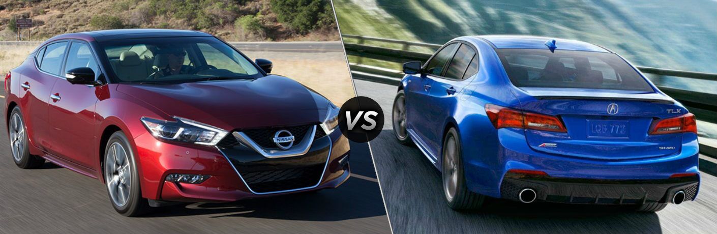 Red 2018 Nissan Maxima and blue 2018 Acura TLX side by side