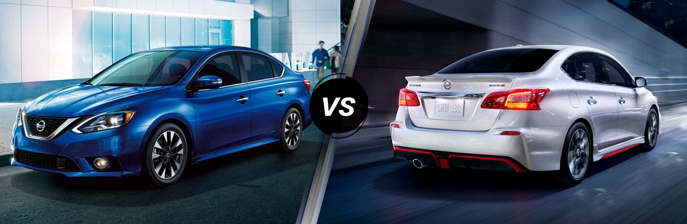 A blue 2019 Nissan Sentra SR Turbo is on the left. On the right is a white 2019 Nissan Sentra NISMO. They are separated by a silver line with a VS symbol.