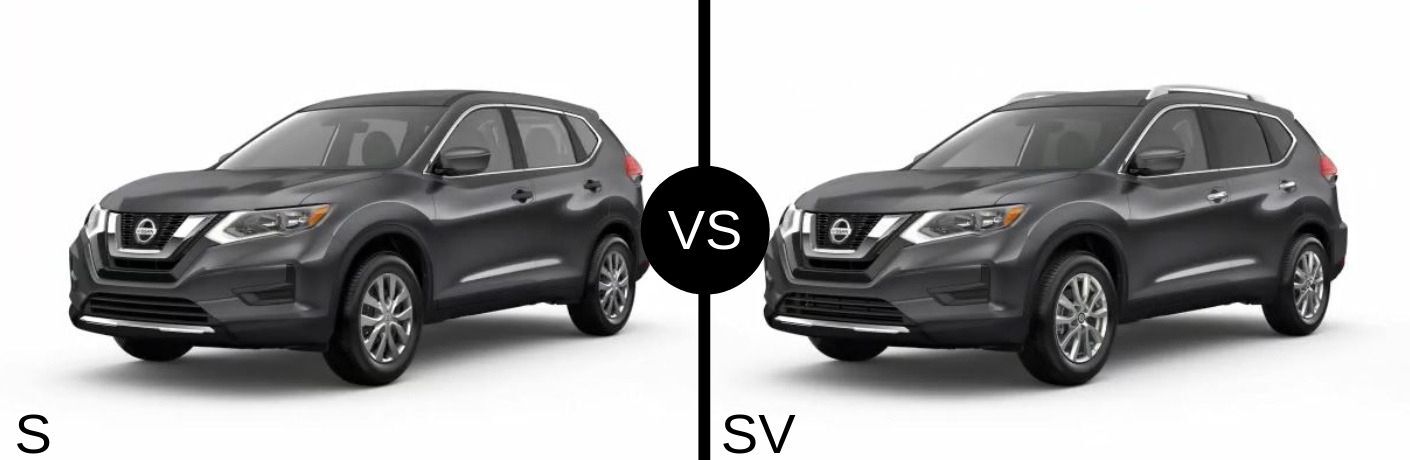 Gray 2019 Nissan Rogue S and SV models side by side