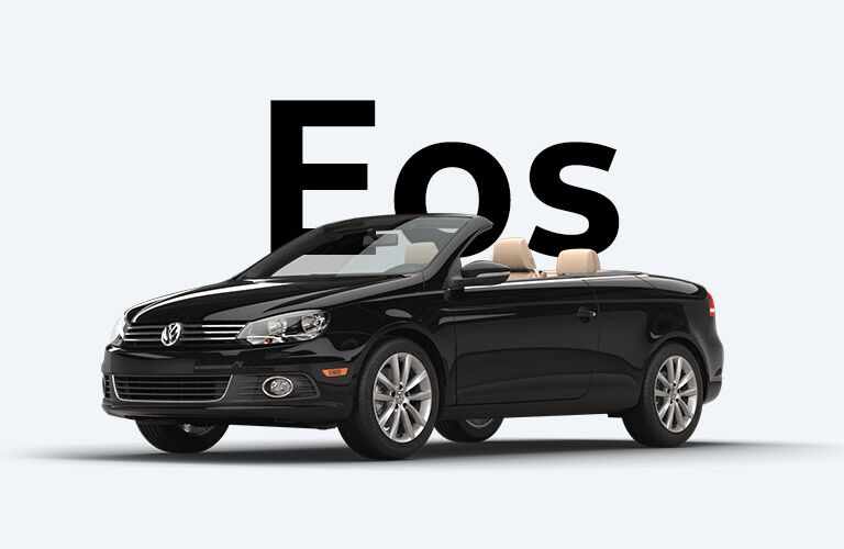Black Volkswagen Eos convertible sits in front of a grey background under large letters that read, "Eos."