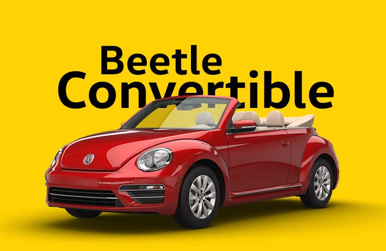 Red VW Beetle Convertible sits on a yellow background beneath large text that reads, "Beetle Convertible."