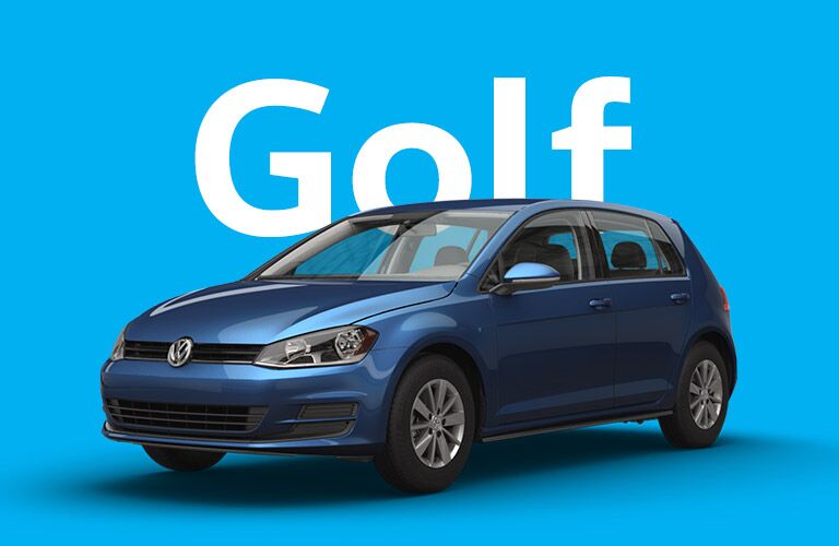 Blue Volkswagen Golf sits in front of a light blue background under large white letters that read, "Golf."