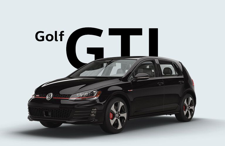 Black Volkswagen Golf GTI sits in front of a grey background and large black text that reads, "Golf GTI."