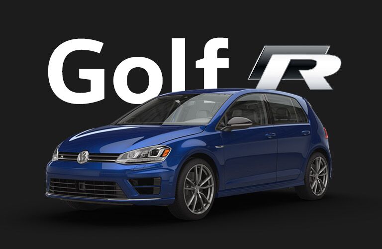 Blue Volkswagen Golf R sits in front of a black background and gigantic white text that reads, "Golf R." The "R" is stylized as if to imply racing.