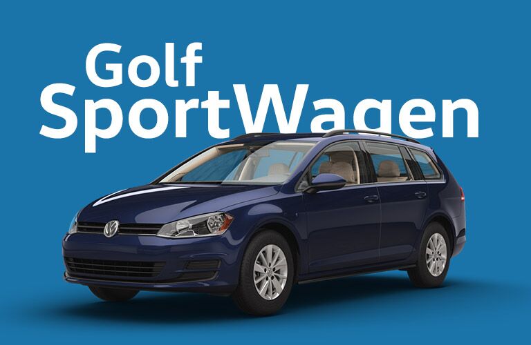 Purplish Volkswagen Golf SportWagen sits in front of a light blue background under white text that reads, "Golf SportWagen."