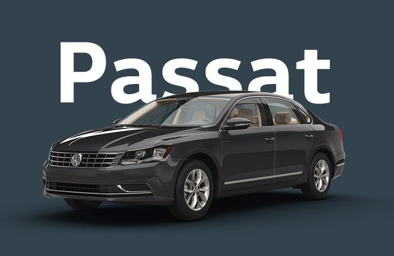 Black Volkswagen Passat sits in front of a dark ash grey background under white text that reads, "Passat."