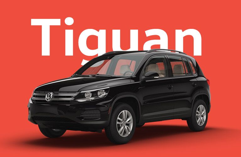 Black Volkswagen Tiguan sits in front of a red background beneath giant white text that reads, "Tiguan."