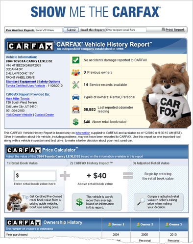 Toyota car Fax Report