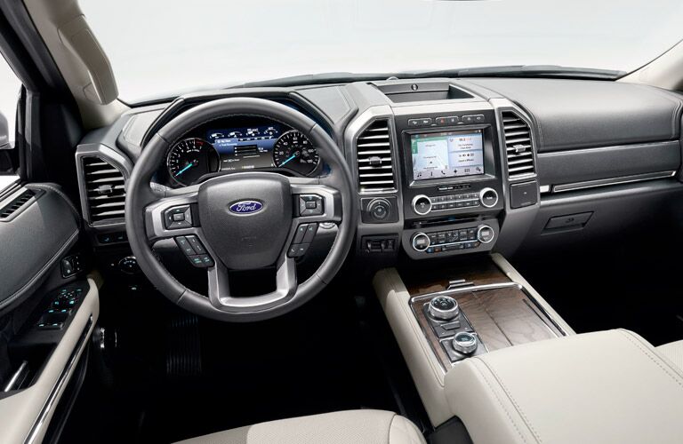 steering wheel and infotainment system of the 2018 Ford Expedition