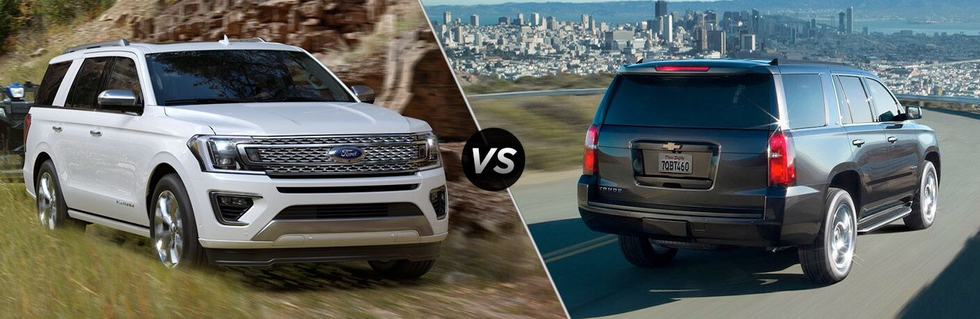 2018 Ford Expedition and 2018 Chevy Tahoe in a comparison image