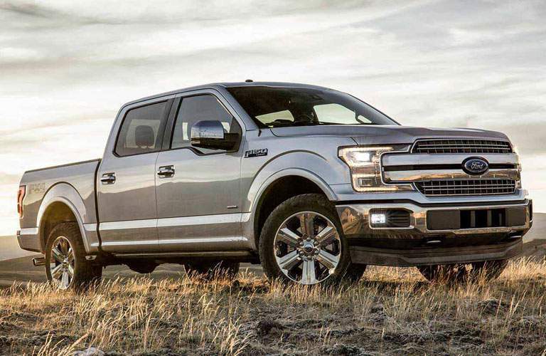 side view of a silver 2018 Ford F-150 parked in a field