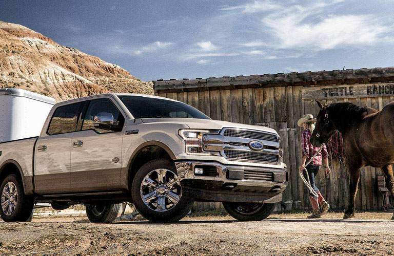 2018 Ford F-150 parked by a person guiding a horse, background of hay