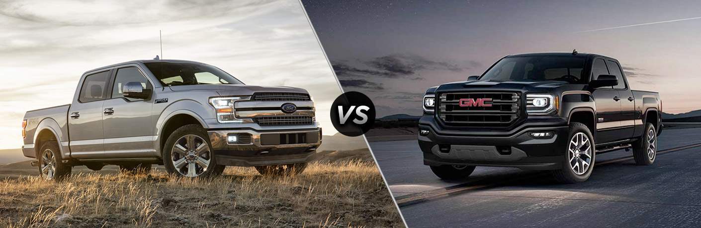 side by side images of the 2018 Ford F-150 and the 2018 GMC Sierra 1500