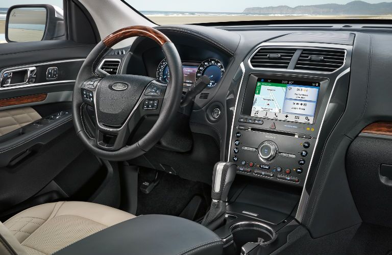 infotainment system and steering wheel of the 2018 Ford Explorer