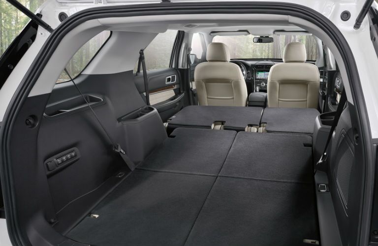 rear cargo area of the 2018 Ford Explorer with all the seats folded down