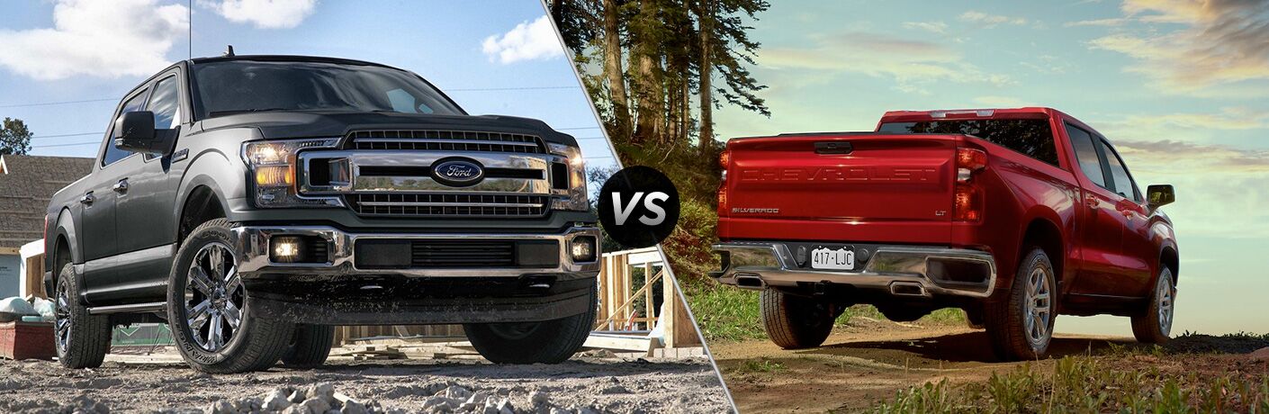 2019 Ford F-150 and 2019 Chevrolet Silverado, separated by a diagonal line and "VS" logo.