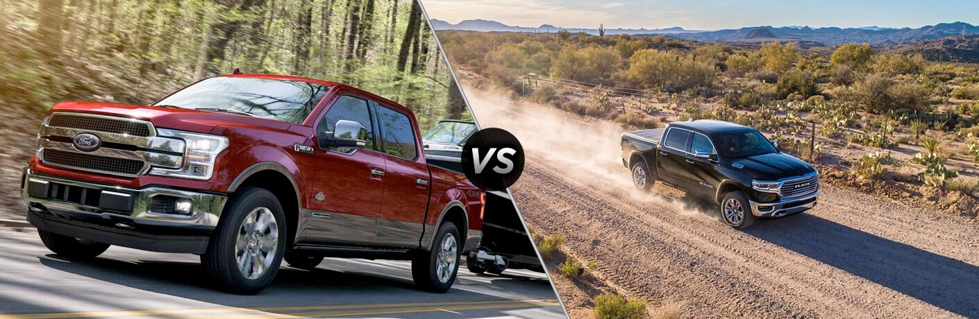 A red 2019 Ford F-150 on the left. A black 2019 Ram 1500 on the right. The two pictures are separated by a "VS" icon in the center.