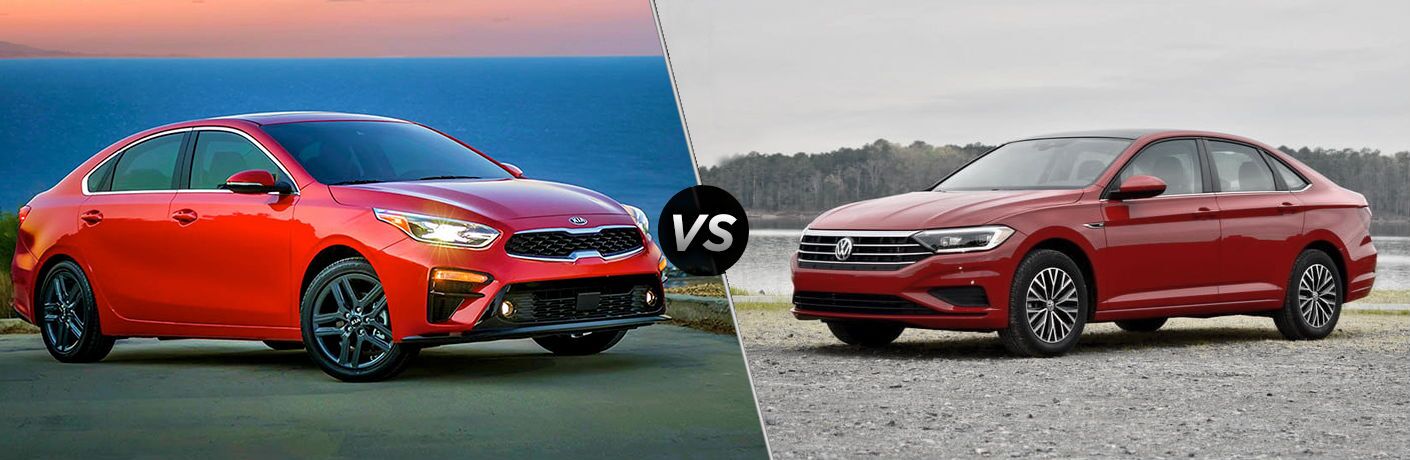 split screen image showing differences between 2019 kia forte and 2019 volkswagen jetta