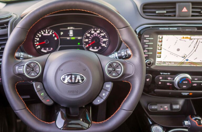 2019 kia soul flat bottom steering wheel with infotainment in background