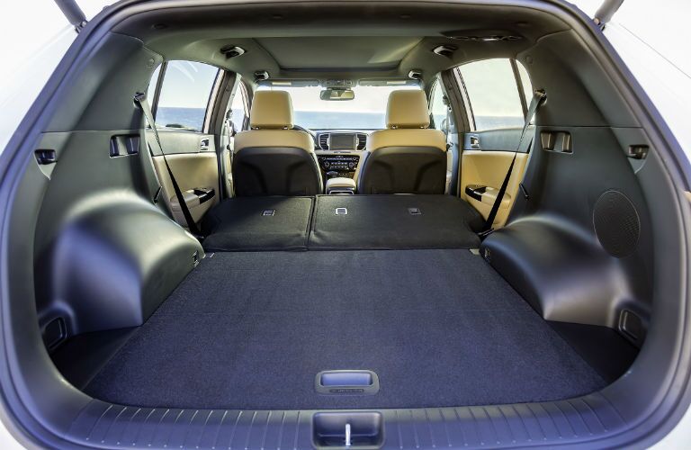 cavernous, cargo-friendly interior of 2019 kia sportage shown with rear hatch open