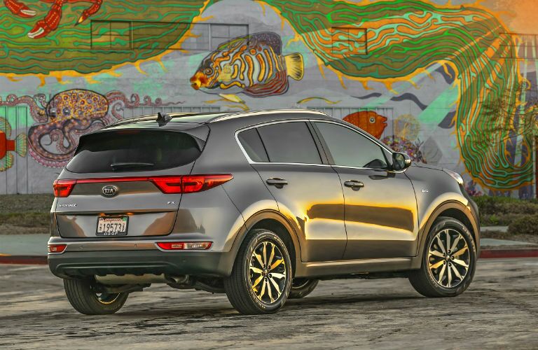 rear exterior of 2019 kia sportage parked outside of straz center in tampa bay florida