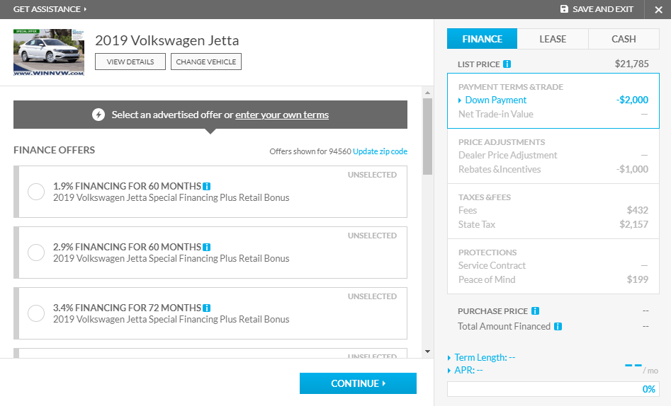Create My Own Deal first screen with finance offers
