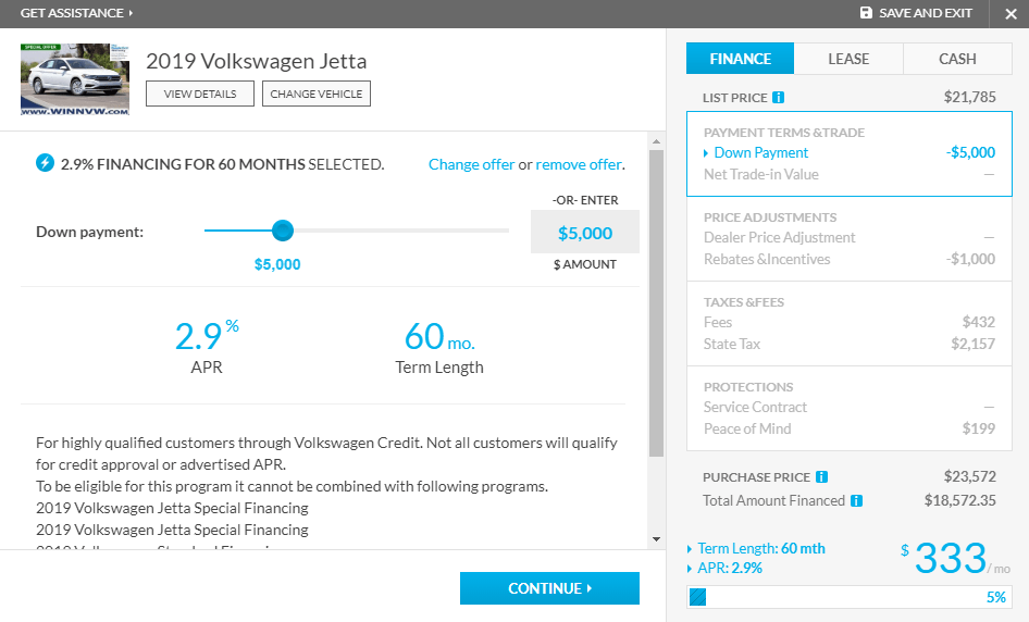 Create My Own Deal choose down payment amount