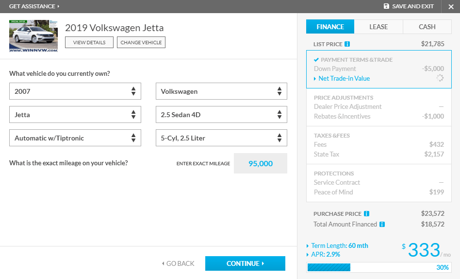 Create My Own Deal trade-in vehicle information
