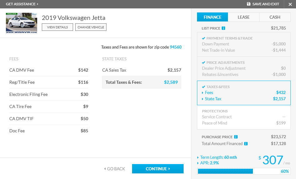 Create My Own Deal breakdown of taxes, fees, extra costs